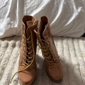 Liliana Patent Lace-Up Ankle Boots in Tan